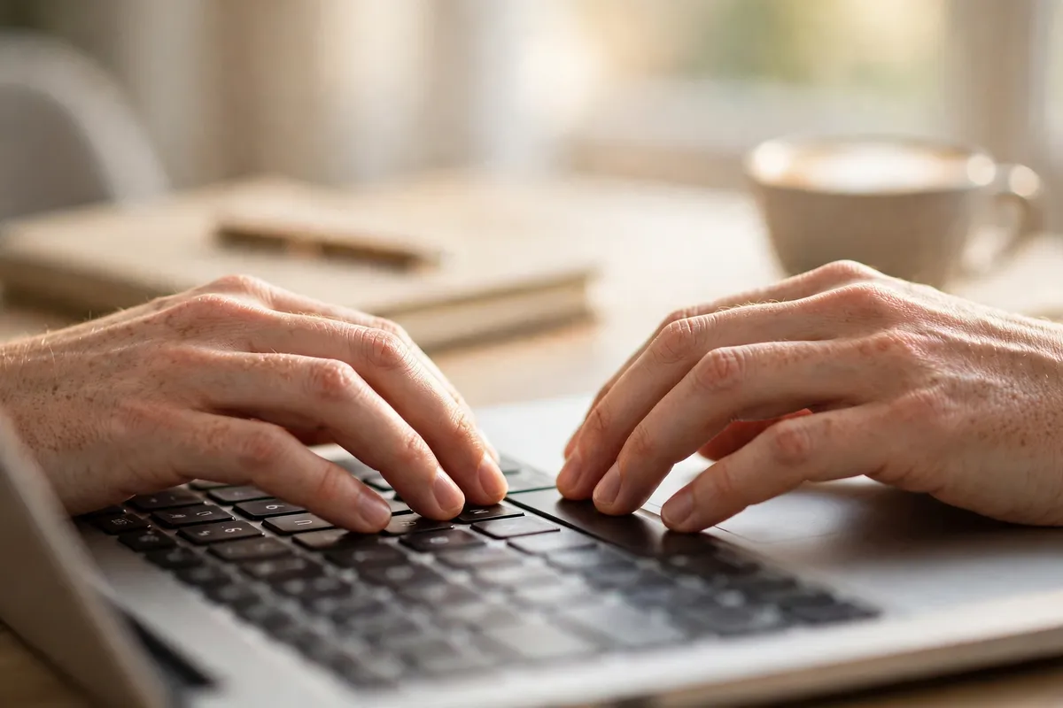 Hands typing on a laptop keyboard on a bright desk, with a notebook and a cup of coffee nearby.
