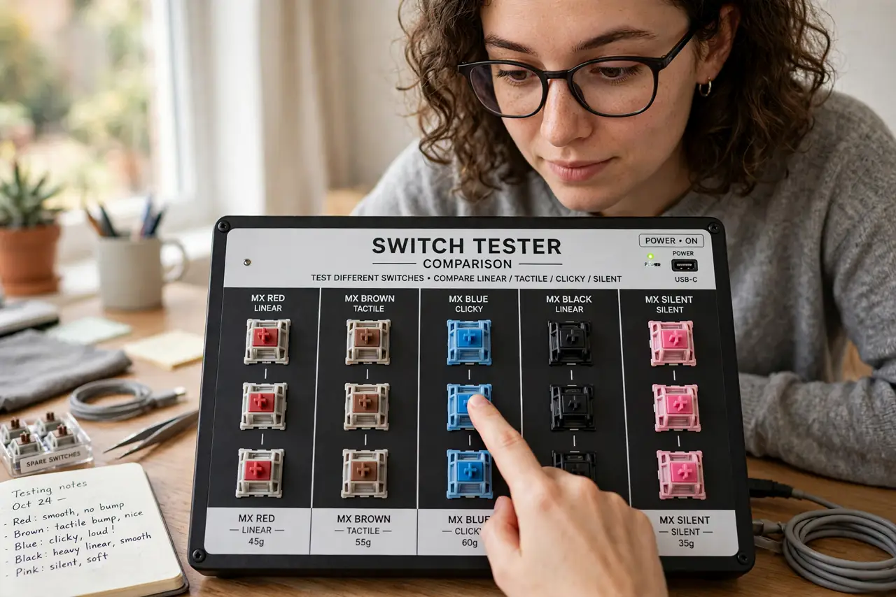 A person pressing different colored mechanical keyboard switches on a real switch tester with legible labels, the person's face curious, desk.