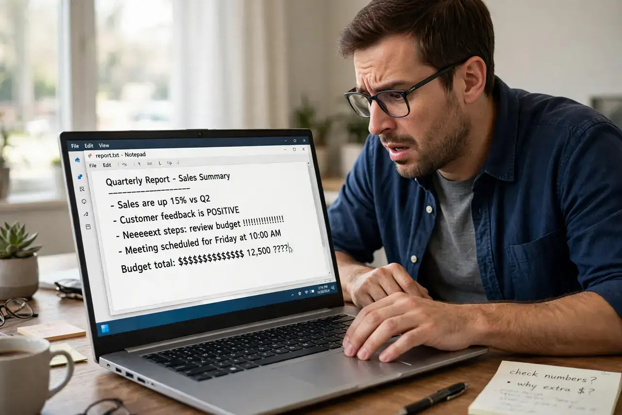 Keyboard Types Wrong Characters — a confused adult at a desk typing on a real laptop, the screen showing wrong characters appearing in a documen