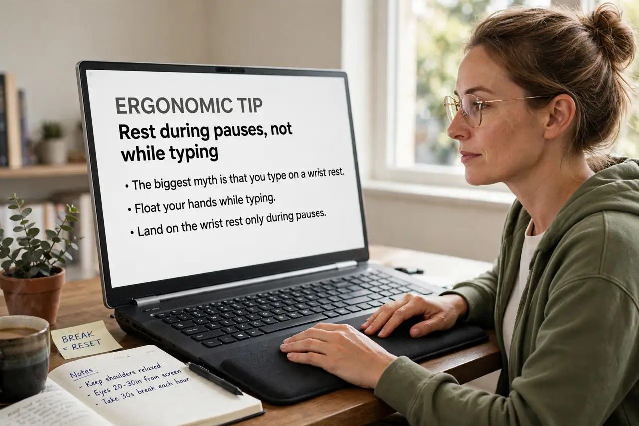 A person performing step 1 of the guide: Rest during pauses, not while typing. The biggest myth is that you type on a wrist rest. You should float your hands while typing and...