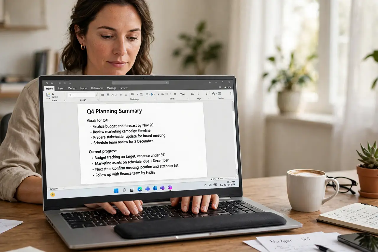 a calm adult typing on a real keyboard with a wrist rest in front of it, hands in a natural typing position, the desk setup clearly visible with legible on-screen text