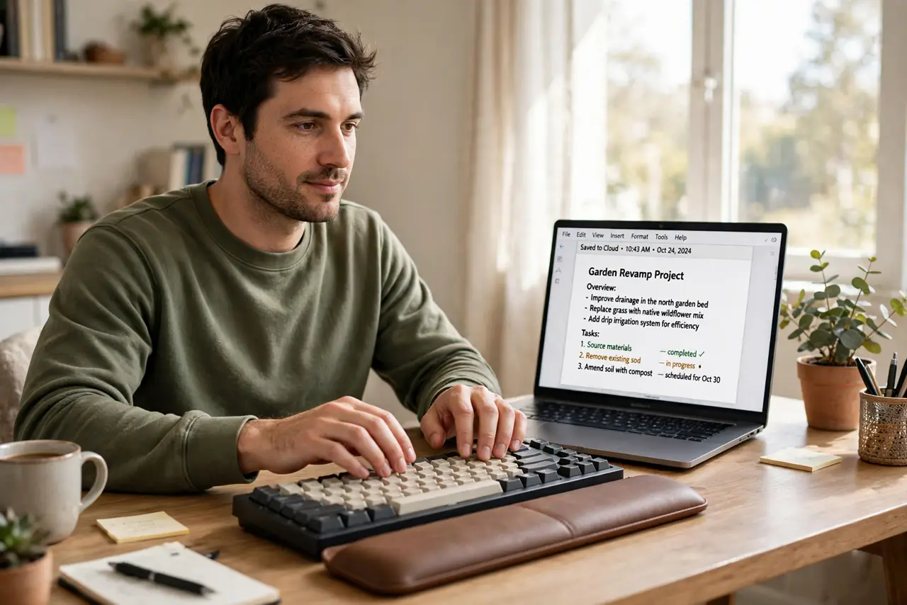 a person typing on a real mechanical keyboard with a real padded wrist rest in front of it, wrists floating above the rest while typing, the screen showing a legible document, the person's face comfortable, bright hom...