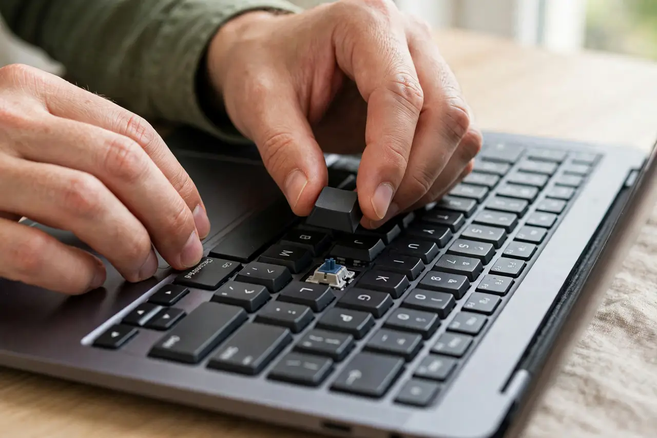 A calm adult carefully aligning a real keycap over a laptop keyboard, fingers positioning it gently, the keyboard clearly visible with one bare switch.