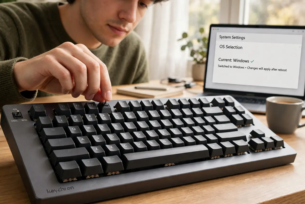 Photoreal photo of a person performing the first step: Set the OS switch first. On the back or side edge, flip the OS toggle to Mac or Windows to m...