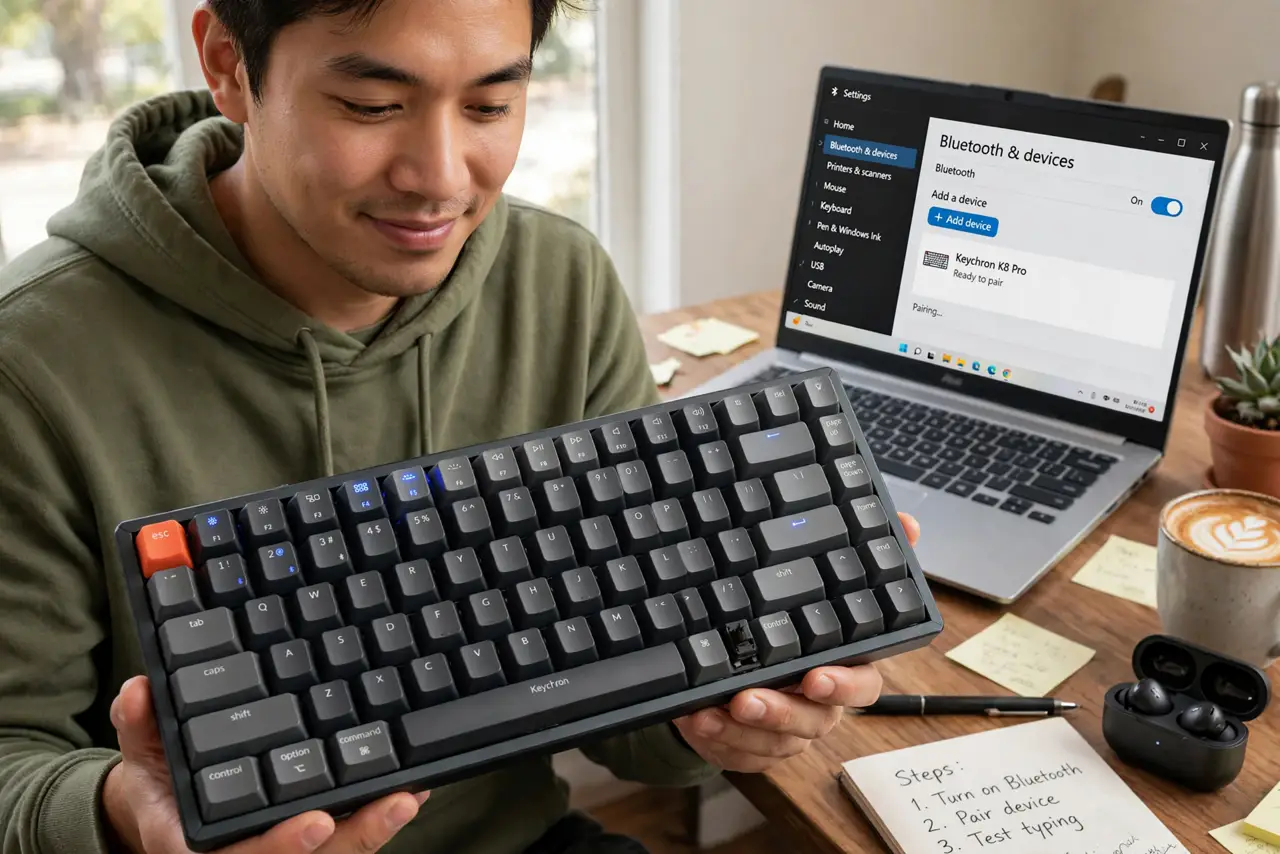 Photoreal photo: a person holding a real Keychron mechanical keyboard with the Bluetooth indicator light blinking, a real laptop nearby showing the Bluetooth pairing screen with the keyboard name legible, the perso...