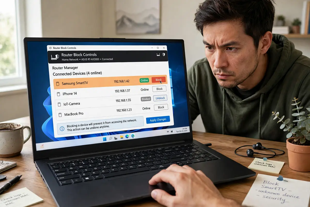 Kick an Unknown Device Off Your Wi-Fi — a person blocking a device on a real laptop showing router block controls with legible buttons, the person's f