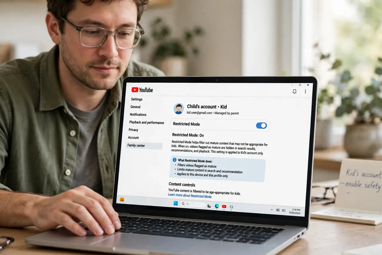 A person performing step 1 of the guide: Turn on Restricted Mode on the kid's account. Open YouTube settings on the child's profile and switch on Restricted Mode. It filters...