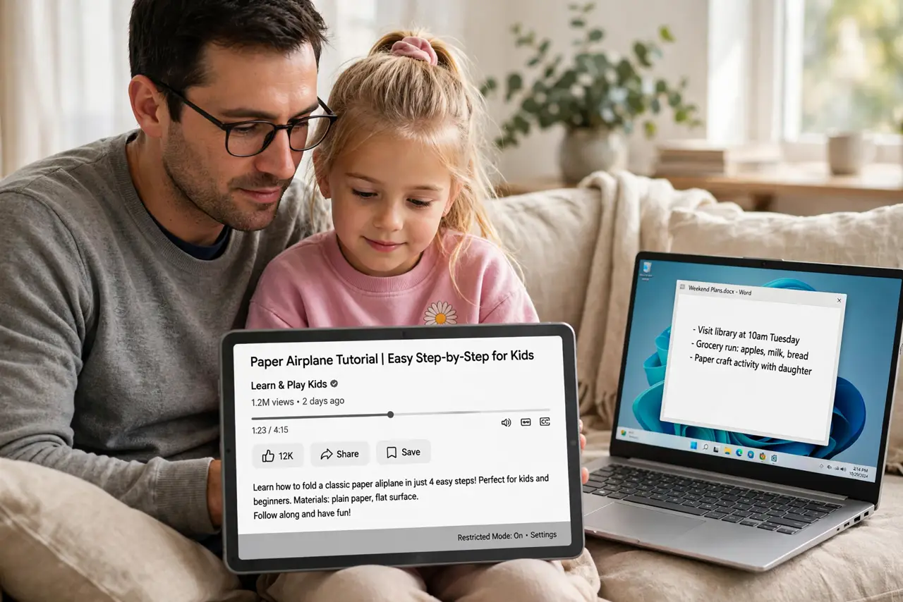 a calm adult and a child on a couch looking at a real tablet showing a normal video page with Restricted Mode on and legible text, both relaxed