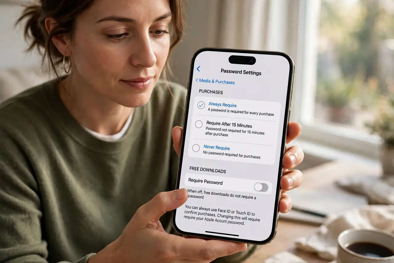 A person performing step 1 of the guide: Set purchases to always require a password. Open the app store settings and change purchase authentication to always require your...