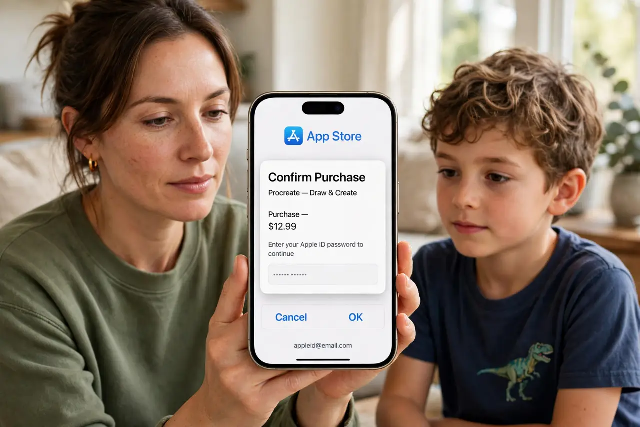 a calm adult holding a real iPhone showing a normal app purchase confirmation asking for a password with legible text, a child nearby watching