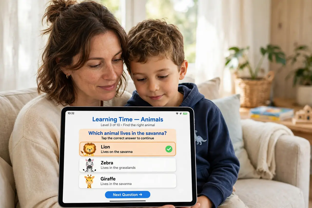 a parent and child sitting together on a couch looking at a real tablet showing a legible kid-friendly app screen, both faces calm and engaged, bright living room.