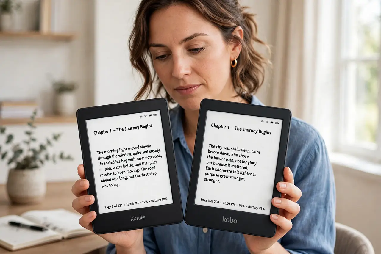 a person holding two real e-readers side by side, one Kindle and one Kobo, both showing legible book pages, the person's face comparing, bright room.