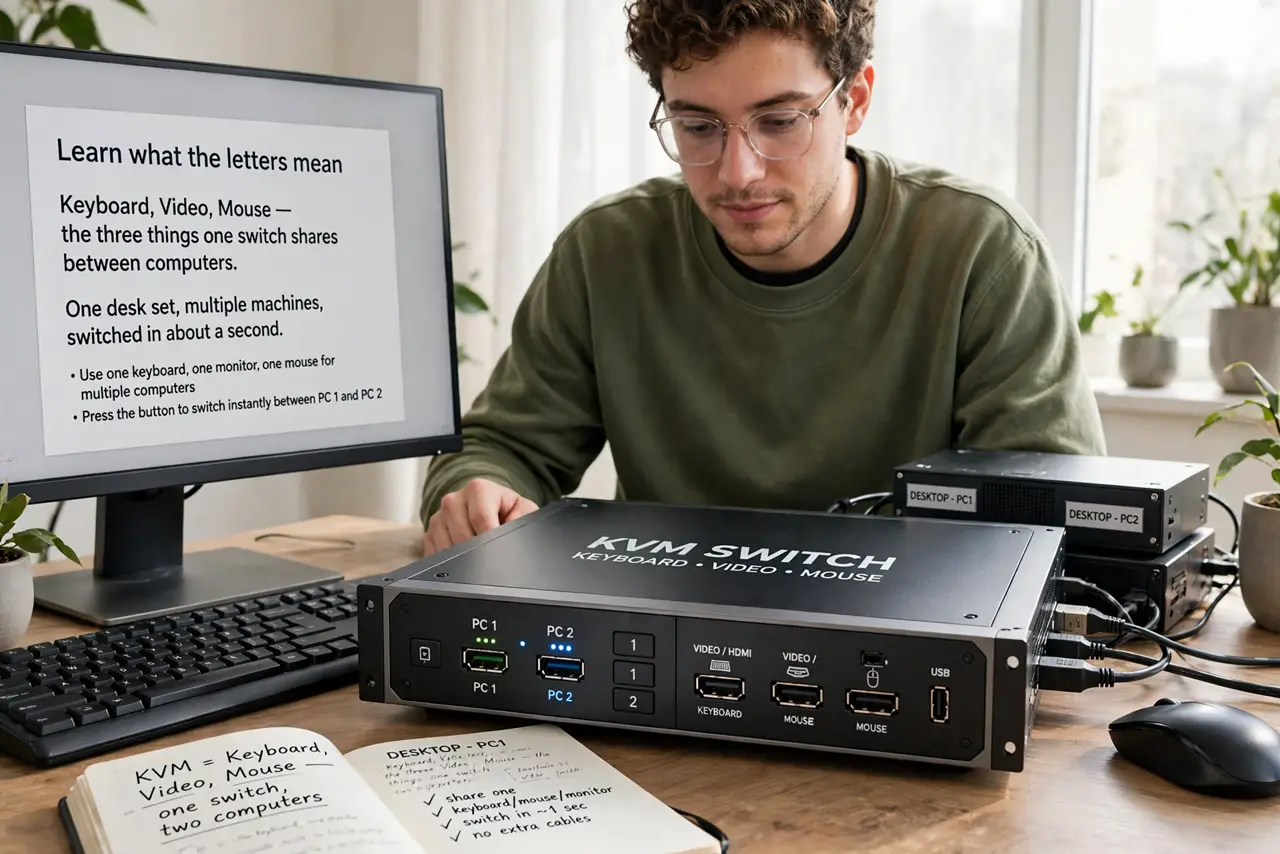 A person performing step 1: Learn what the letters mean. Keyboard, Video, Mouse — the three things one switch shares between computers. On.