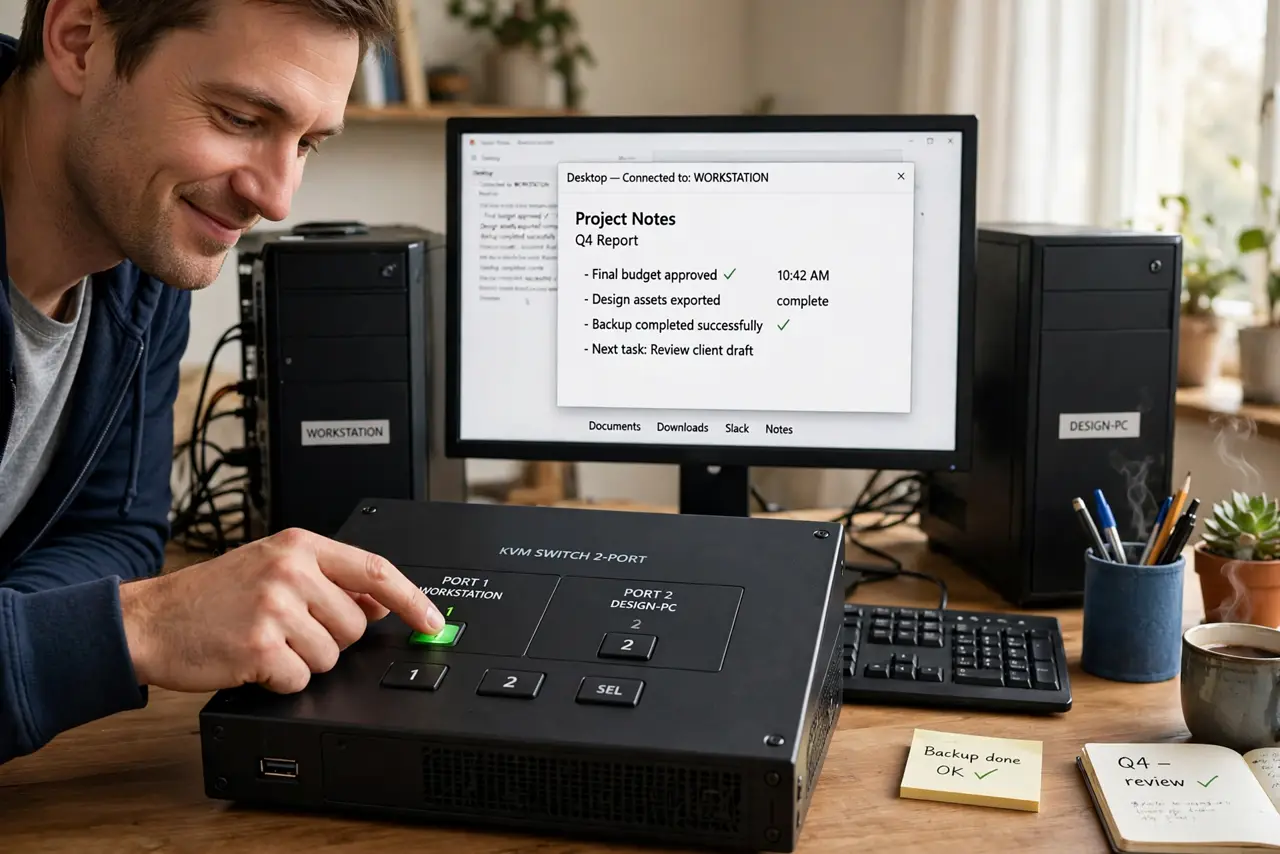 A person pressing a button on a small real KVM switch box on a desk, with two real computers and one real monitor showing a desktop with legible.