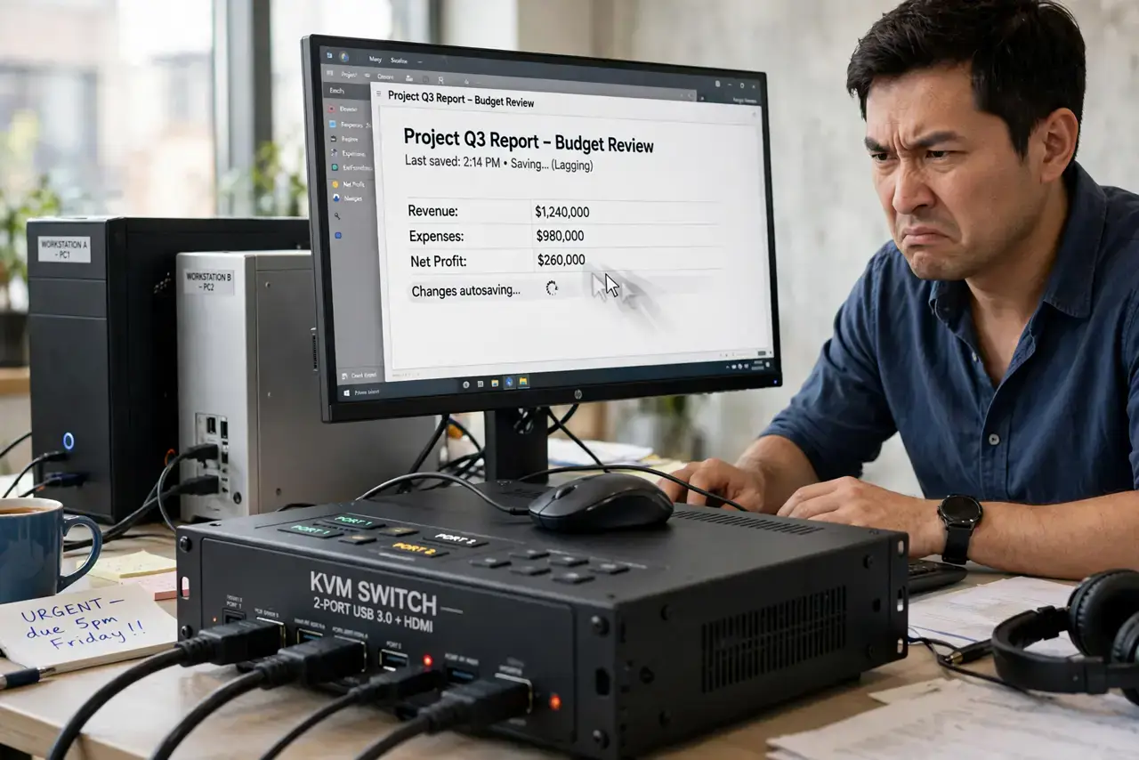 KVM Switch Makes the Mouse Lag — an annoyed adult at a desk with two real computers sharing one monitor and mouse through a KVM switch, the scr