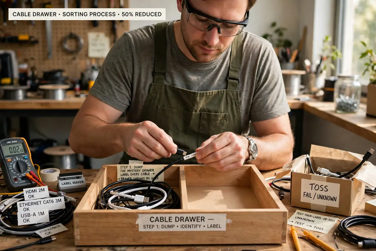 A person performing the first step of the guide: Start with the cable drawer.
