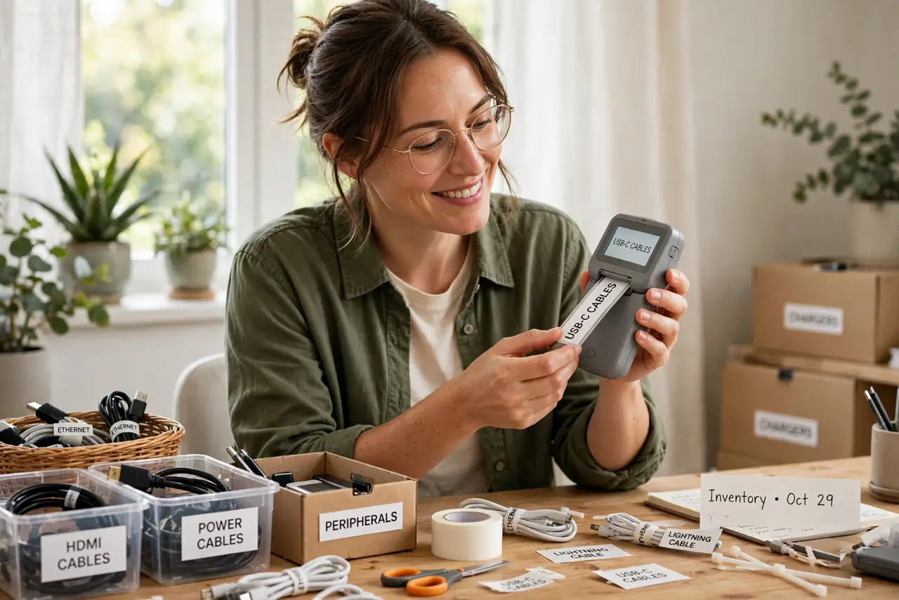 a person holding a real label maker printing a legible label, labeled cables and storage boxes visible on a desk, the person's face satisfied, bright room.