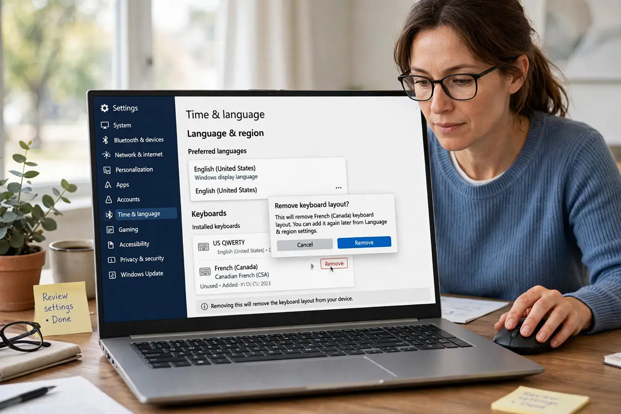 An adult removing unused keyboard layouts in Windows Language settings.