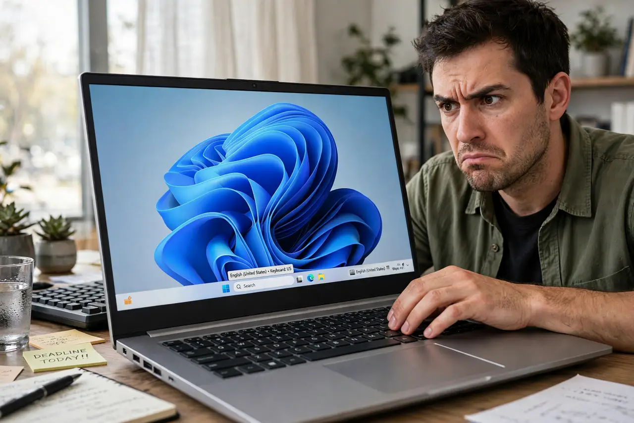 An annoyed adult typing on a Windows laptop while the language bar keeps switching layouts.