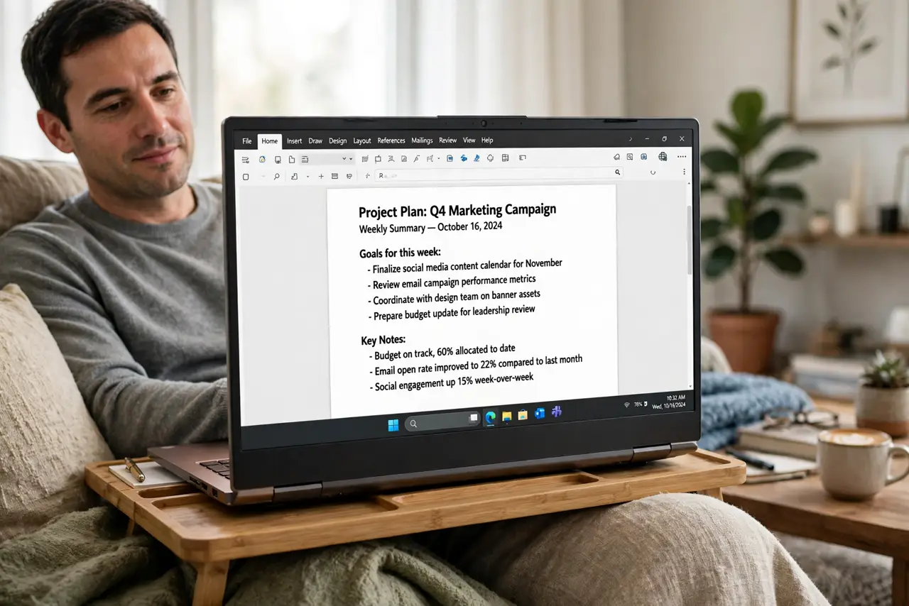 a person sitting on a real couch with a laptop on a real lap desk, the screen showing a legible document at a comfortable angle, the person's posture relaxed and face comfortable, cozy living room.