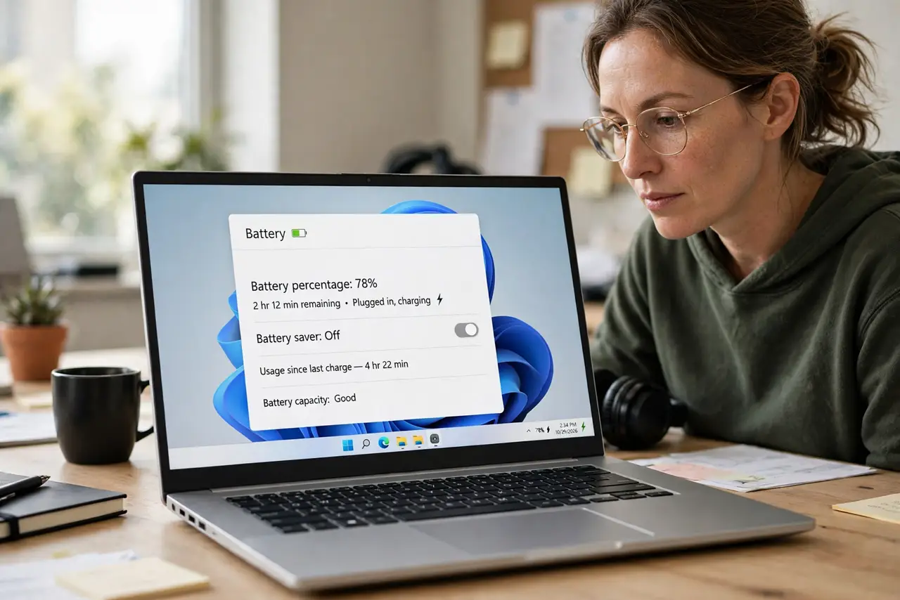 A person looking at a real laptop showing a battery percentage indicator with legible numbers, the person's face