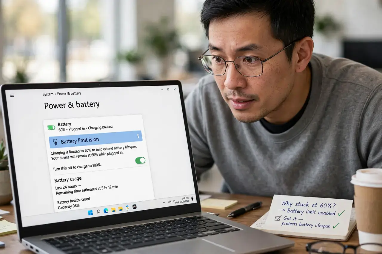 Laptop Battery Stuck at 60% — a puzzled adult at a desk looking at a real laptop showing a battery indicator stuck at 60 percent with fully