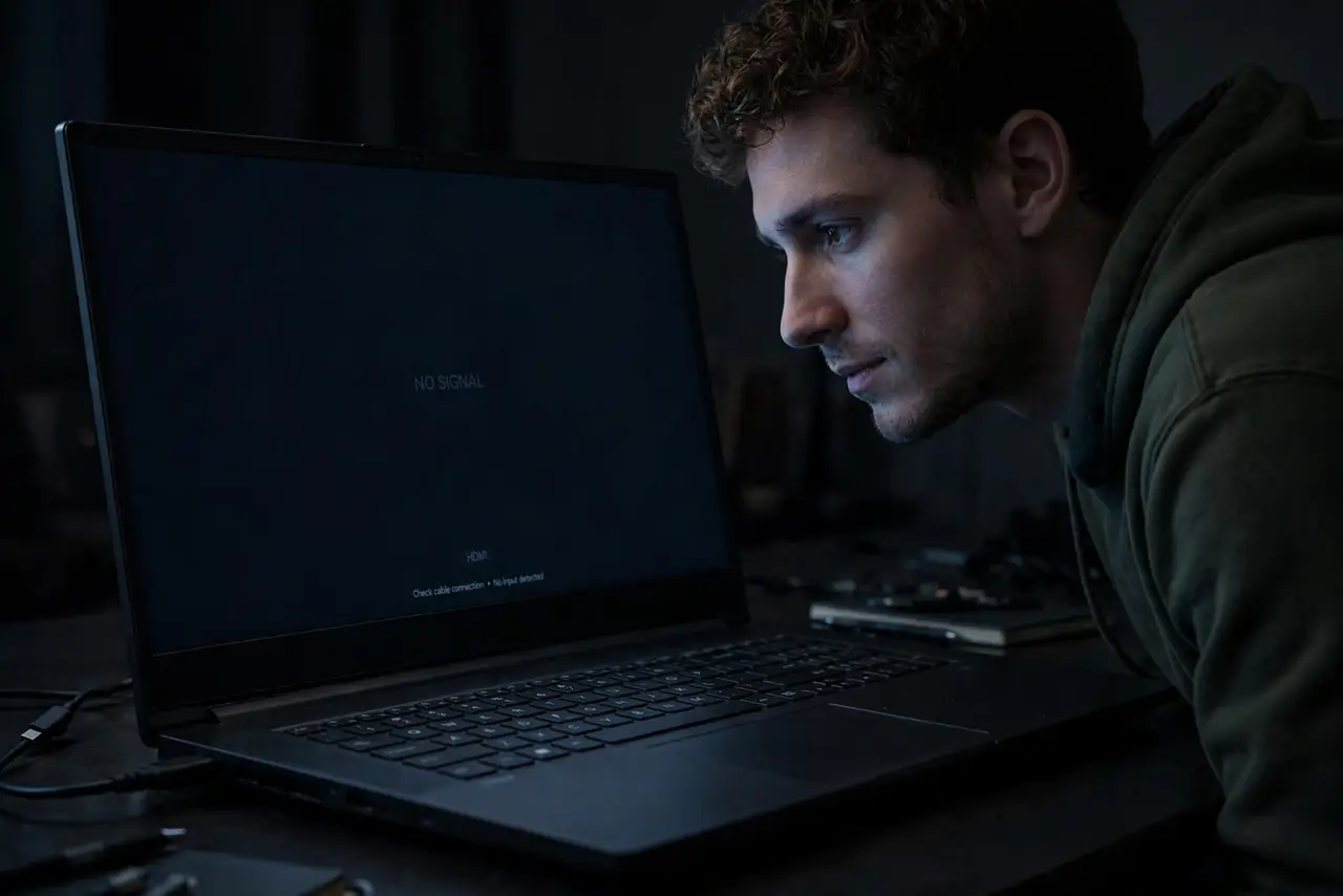 A person performing the first step: Confirm it is backlight, not fully dead. In a dark room, look for the faint glow.