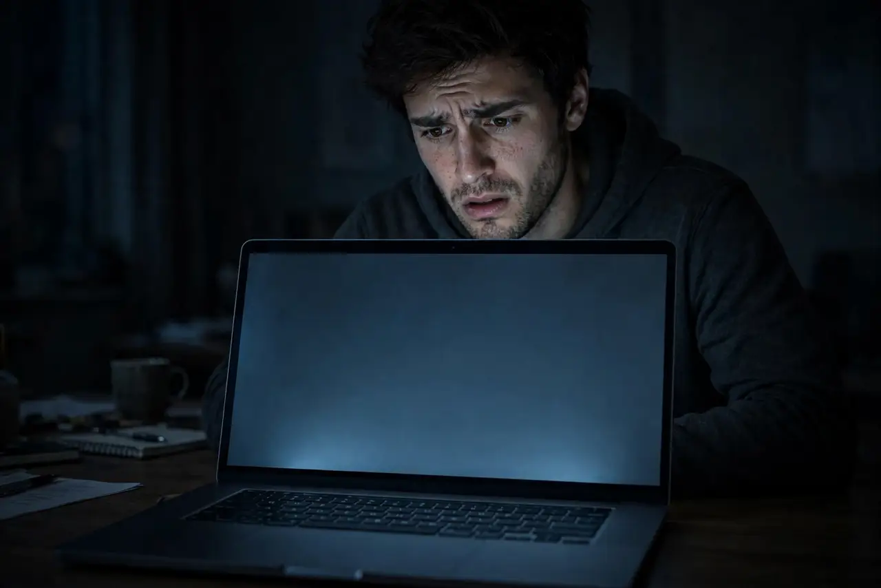 A person looking at a real laptop with a glowing-but-blank screen in a dim room, the faint backlight visible, the