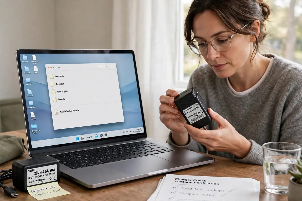 A person performing step 1 of the guide: Read both wattages. Check the fine print on the original charger and on the charger in use. A 45W brick on a laptop that wants 90W is...
