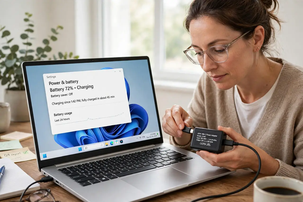 a calm adult at a desk plugging a real laptop charger into a laptop, the laptop screen showing a normal battery indicator with legible text, the person checking the charger label