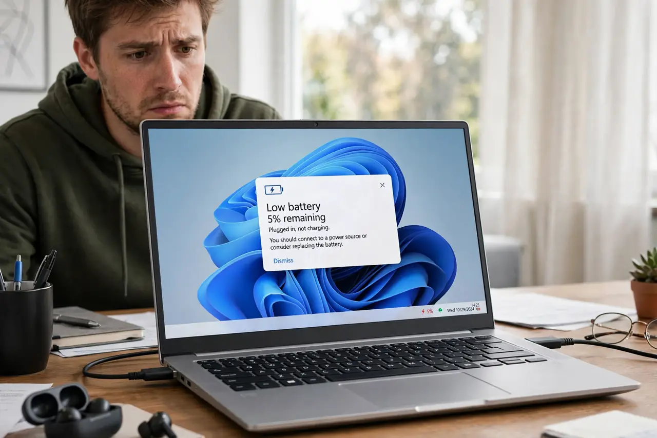 A person looking at a real laptop showing a low battery warning while plugged in, the charger connected, the person's