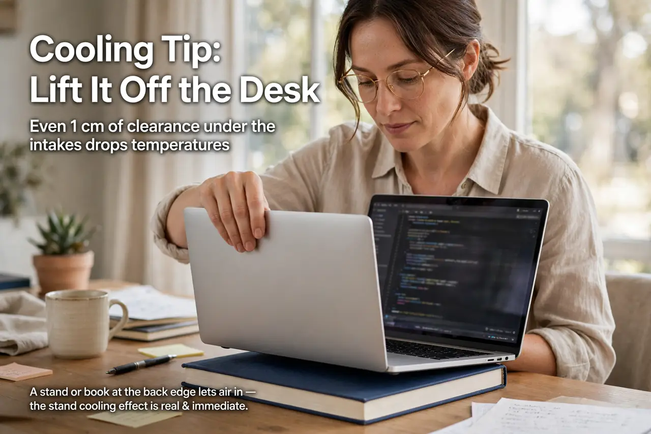 A person performing the first step of the guide: Lift it off the desk.