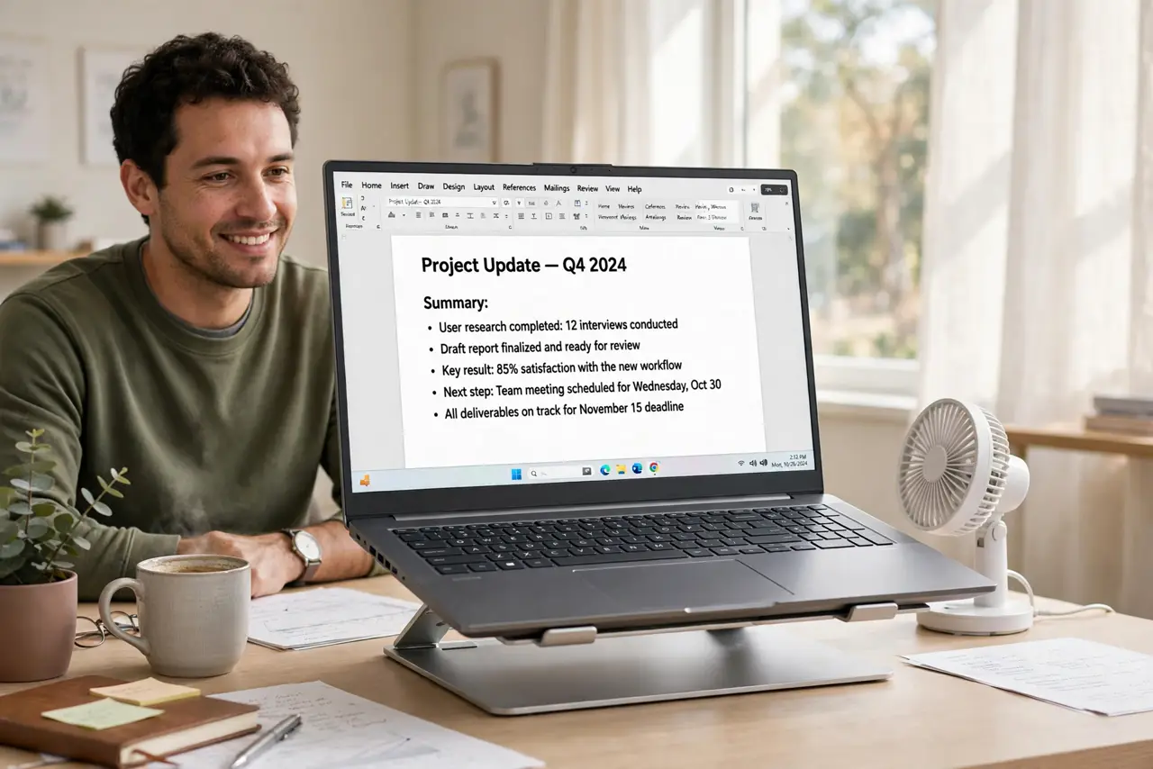 a person at a real desk with a laptop raised on a stand, a small fan of air visibly suggested by a tidy setup, the screen showing a legible document, the person's face relieved, bright room.