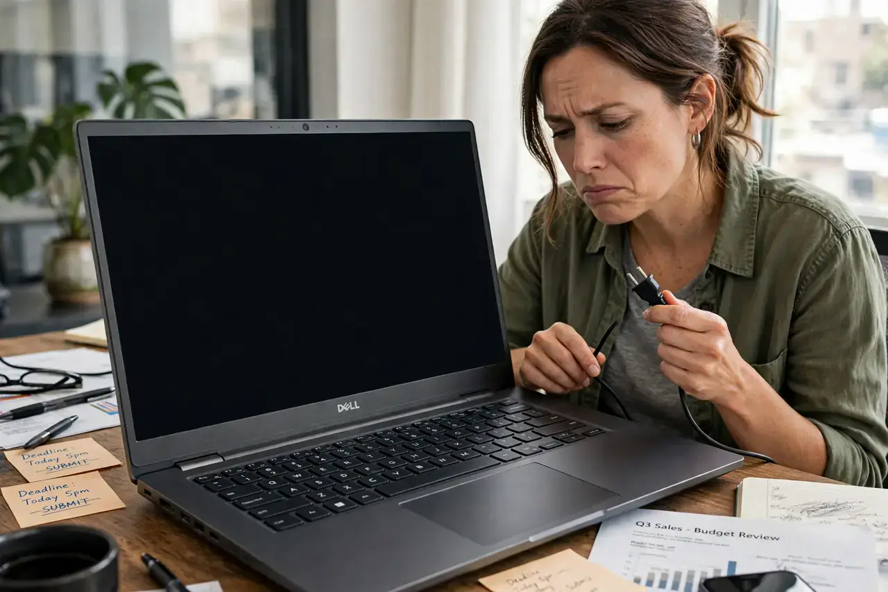 Laptop Dies on Battery but Fine Plugged In — a frustrated adult at a desk unplugging a real laptop whose screen just went black, the person's face showing