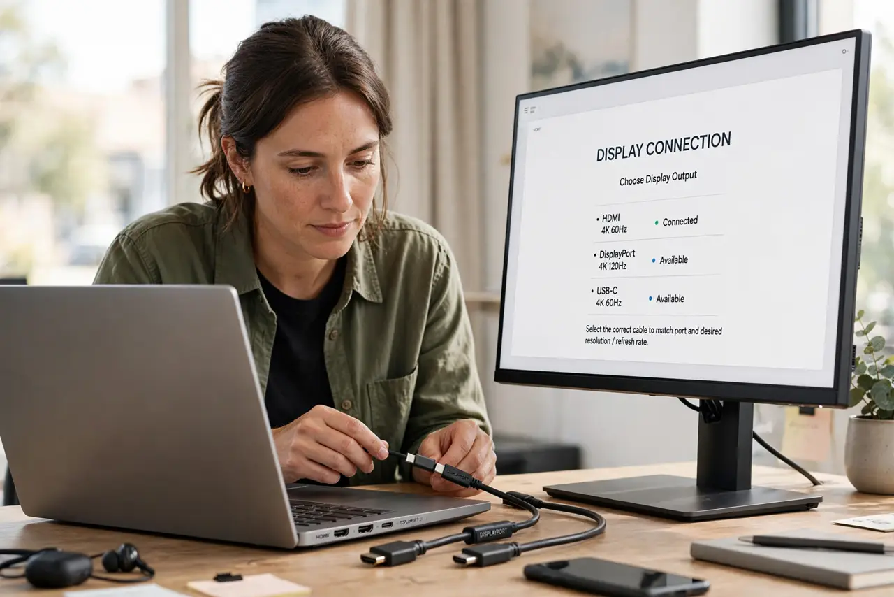 A person performing the first step: Pick the right cable and port. HDMI, DisplayPort, or USB-C — check what the laptop.