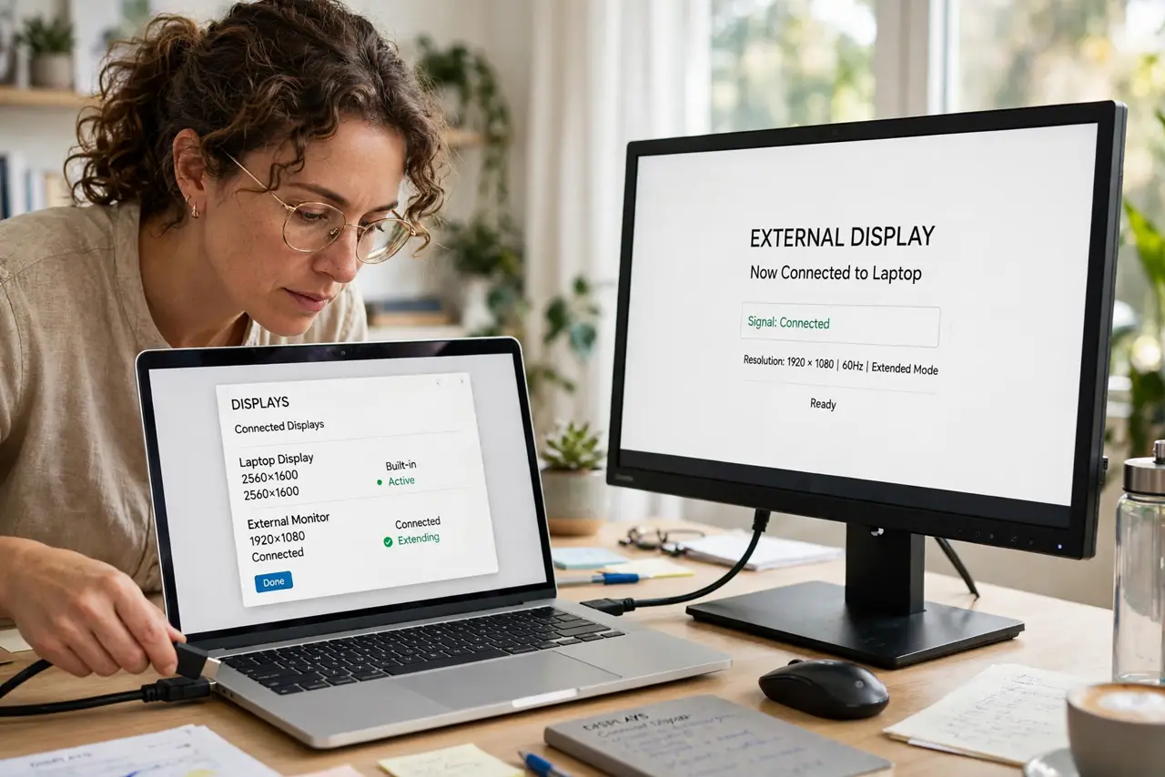 A person connecting a real external monitor to a real laptop with an HDMI cable, both screens visible on a desk, the