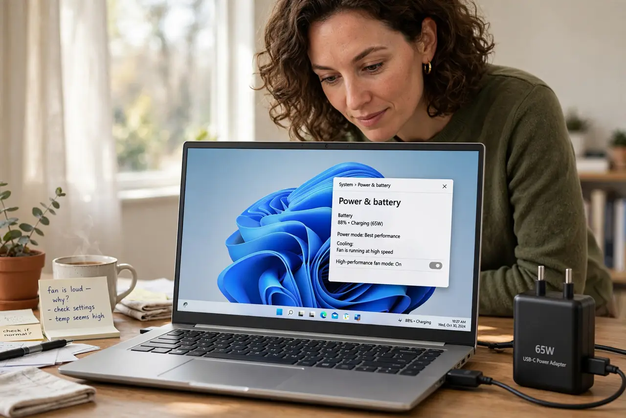 A calm adult at a desk with a real laptop plugged into its charger, the laptop screen showing a normal desktop with legible text, the person listening to the fan with a curious expression.