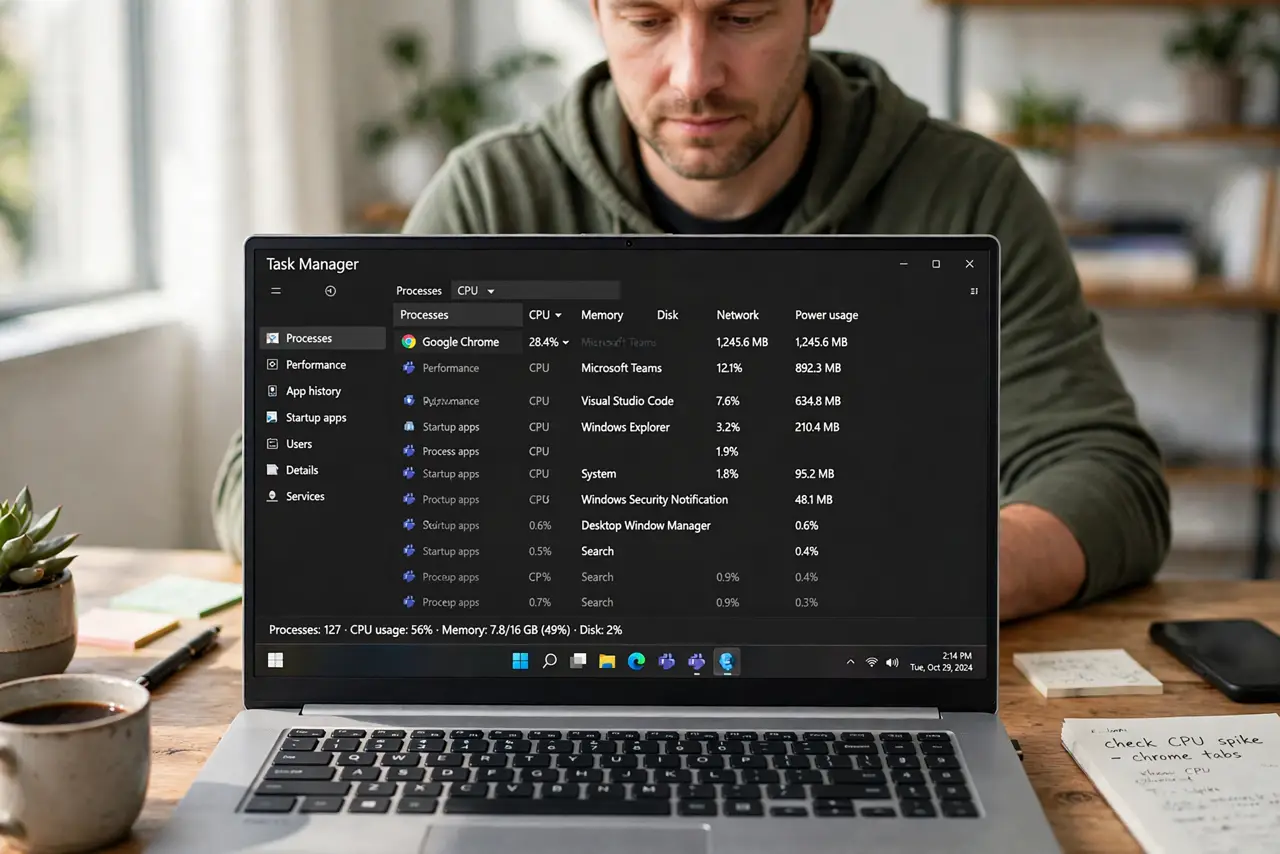 An adult opening Task Manager to check which app loads the CPU while idle.