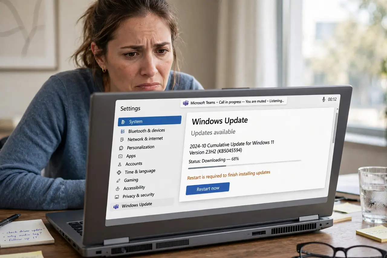A bothered adult leaning toward a Windows laptop whose fan runs loudly while idle.