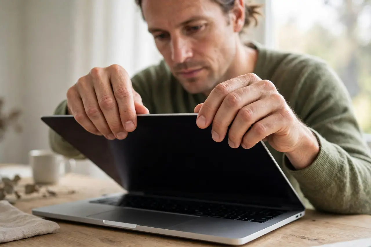 A careful adult slowly opening a real laptop lid with both hands centered, listening for the creak, the laptop on a desk with the screen half-open.