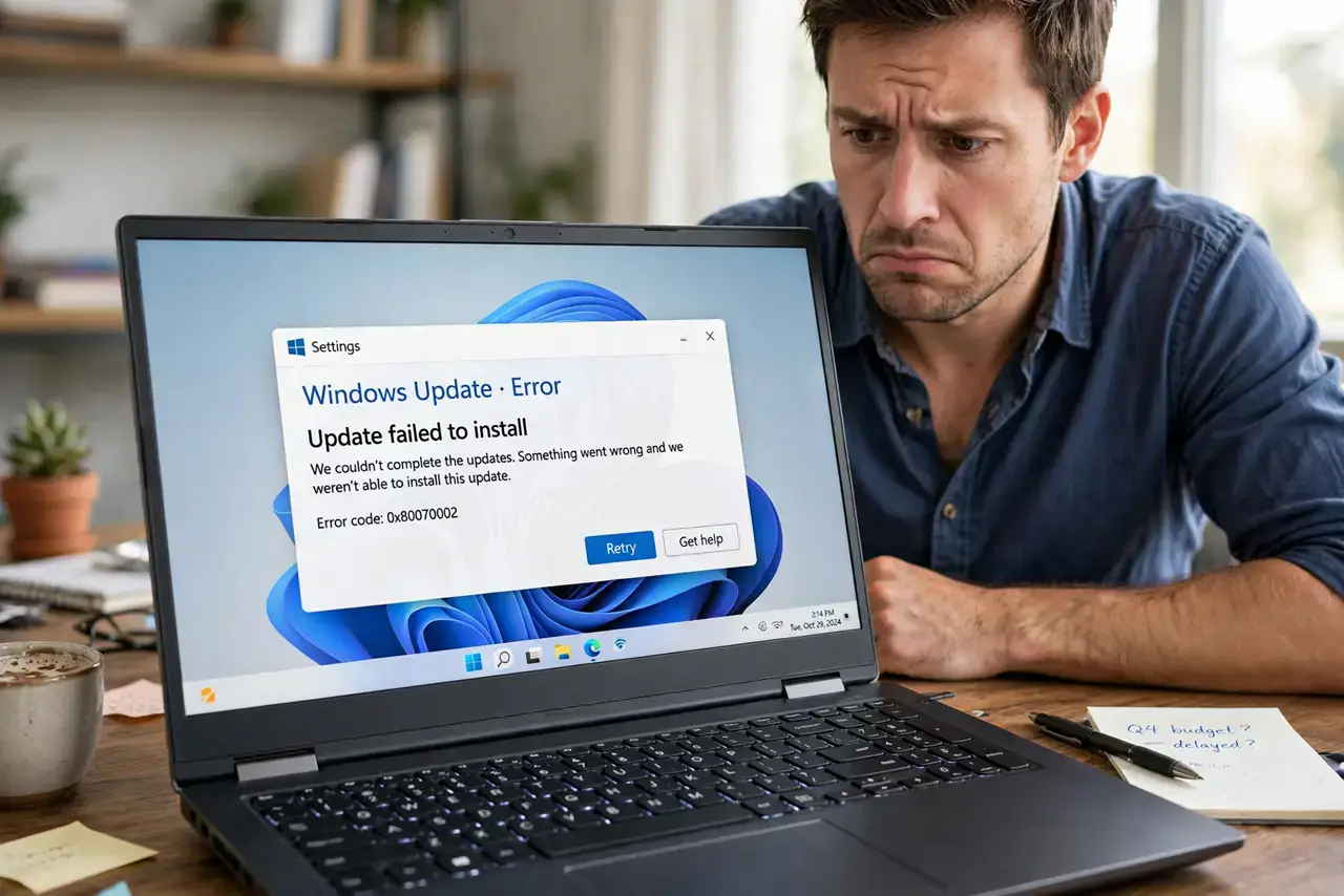 Laptop Keyboard Backlight Won't Turn On — a puzzled adult in a dim room at a desk with a real laptop whose keyboard backlight is off, the screen glowing