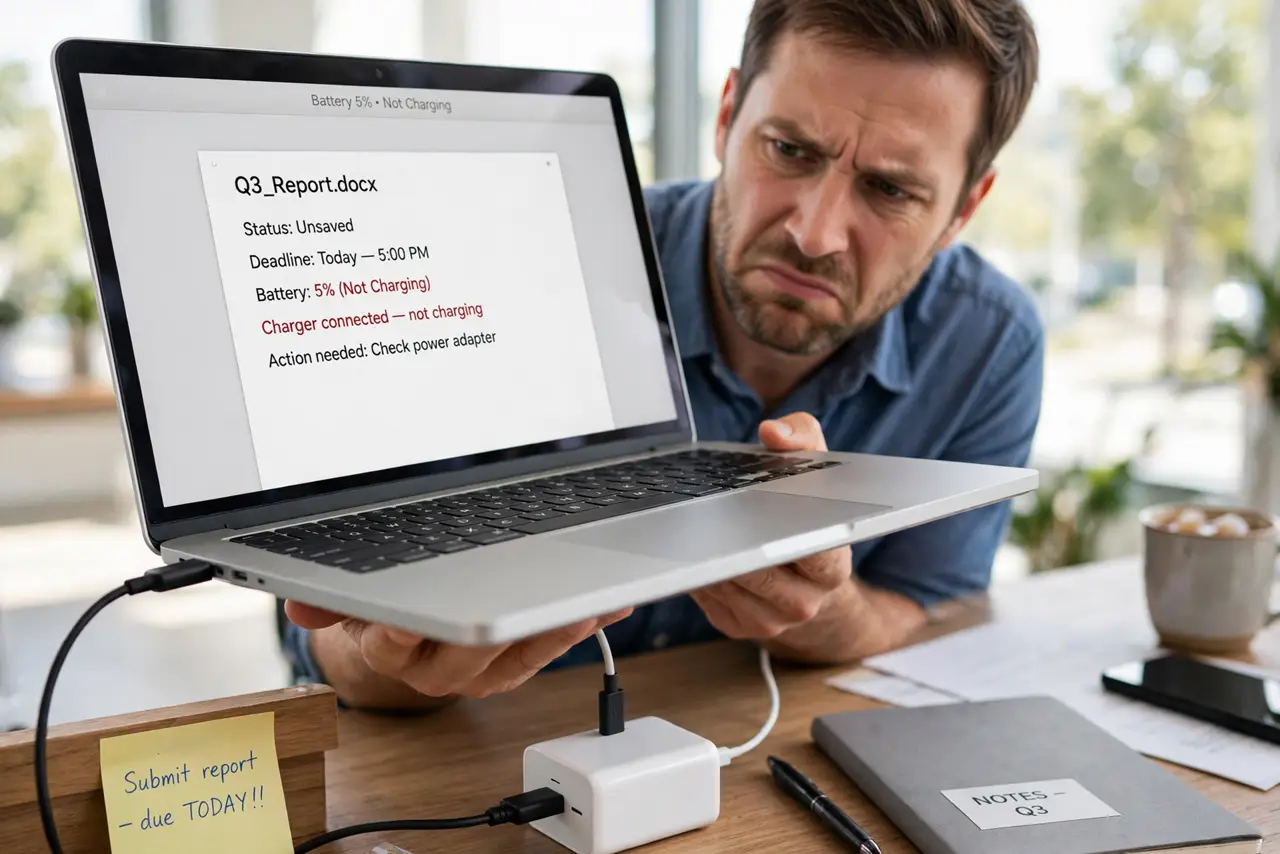 A frustrated adult holding a real laptop with a new charger plugged in, the charging indicator not lit, the person's