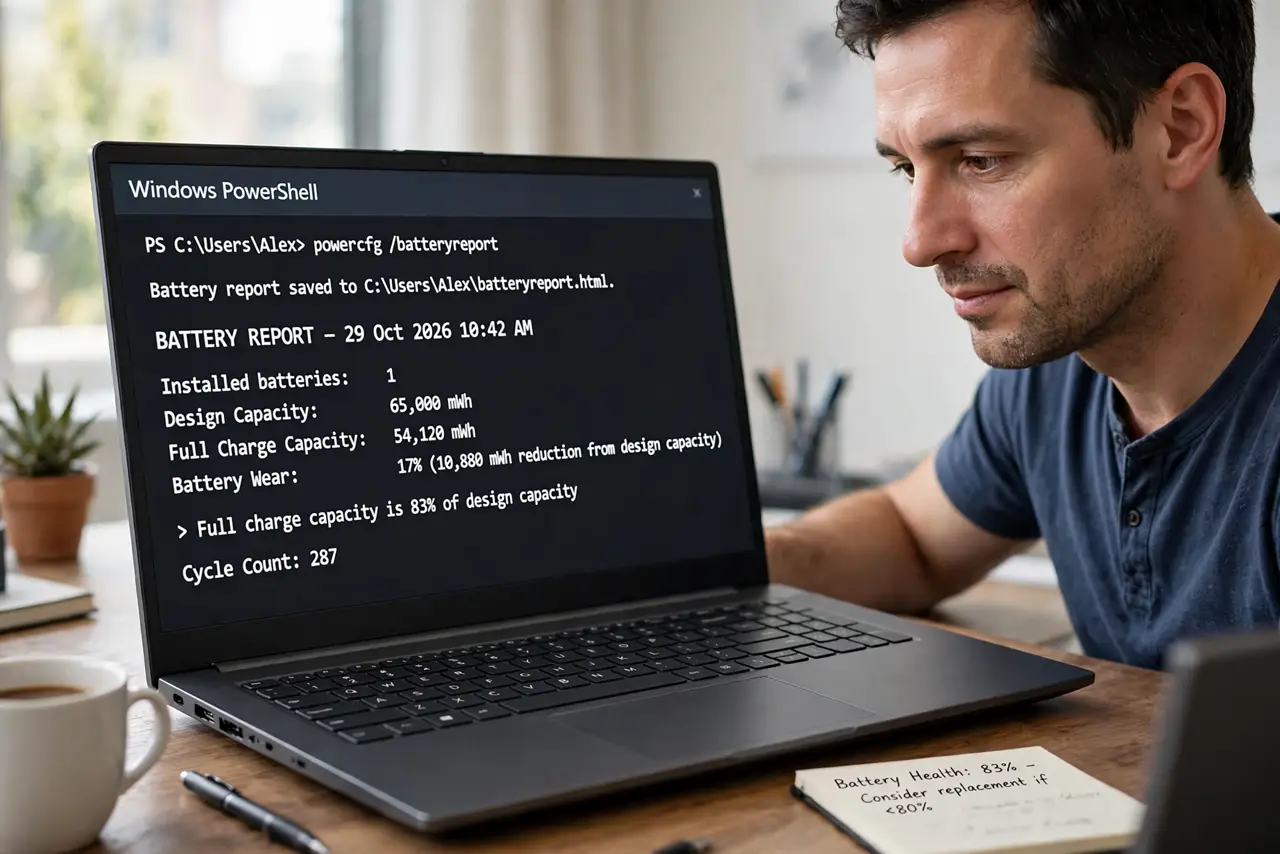 A person performing the first step: Check the battery report. On Windows run powercfg /batteryreport and compare design.