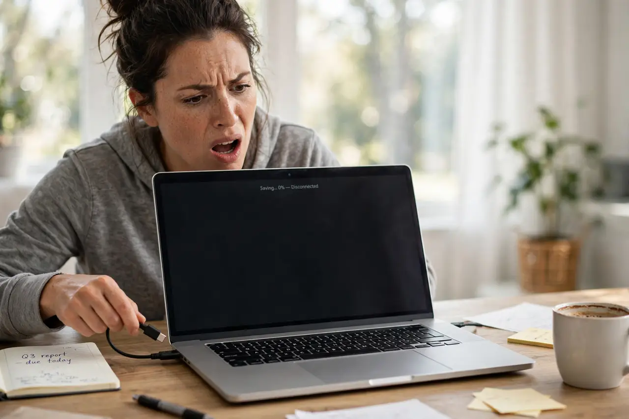 A frustrated adult unplugging a real laptop as its screen goes dark instantly, the person's face exasperated, at a
