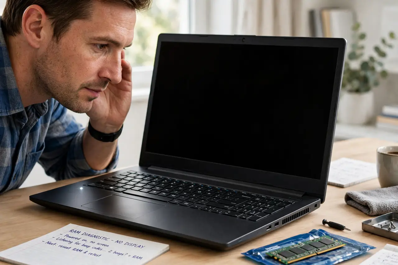 A person performing the first step: Confirm the symptom fits. Power with no display, sometimes with beep codes — the.