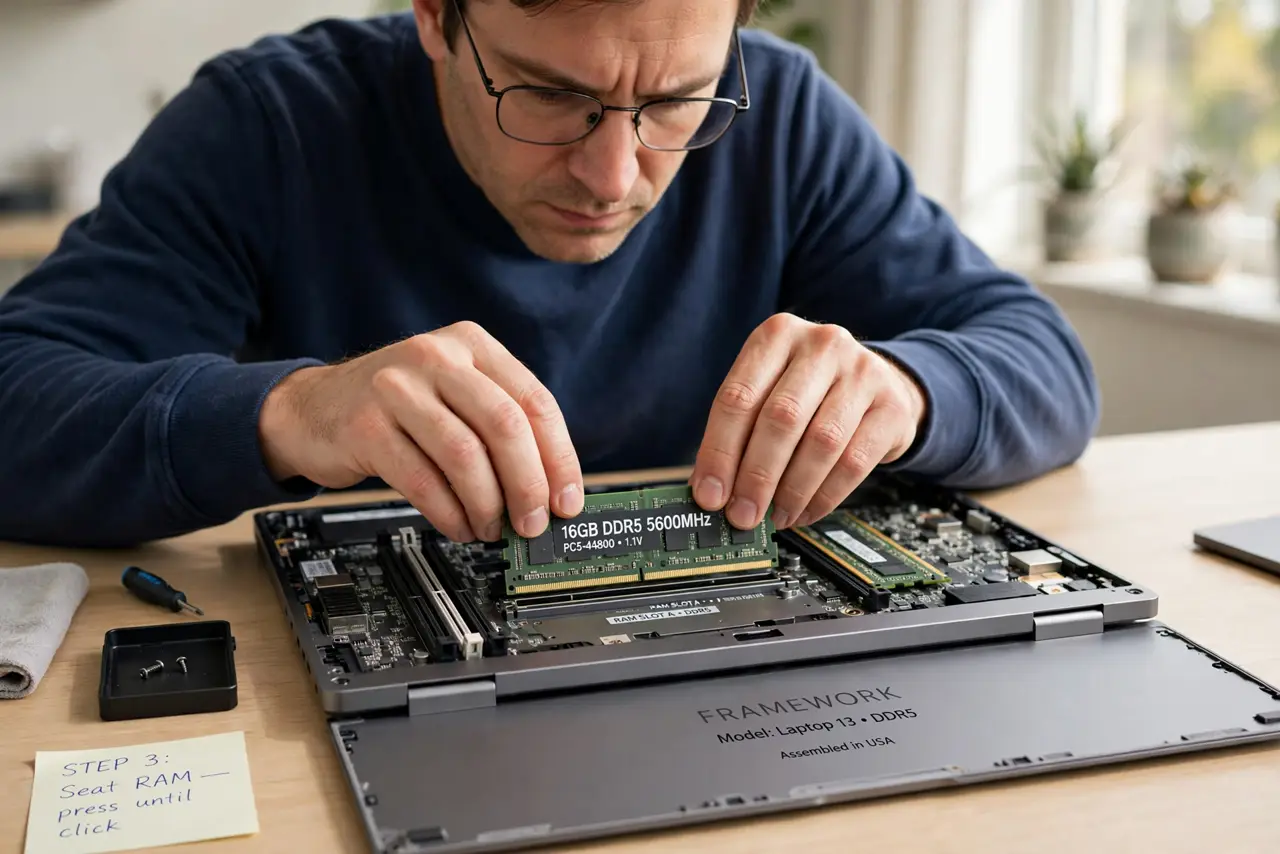 A careful adult with a real laptop bottom cover removed, reseating a RAM stick with both hands, the person's face