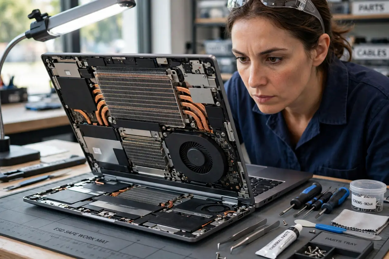 A person with an opened laptop on a work mat showing the internal heatsink and fan, tools laid out neatly beside it,