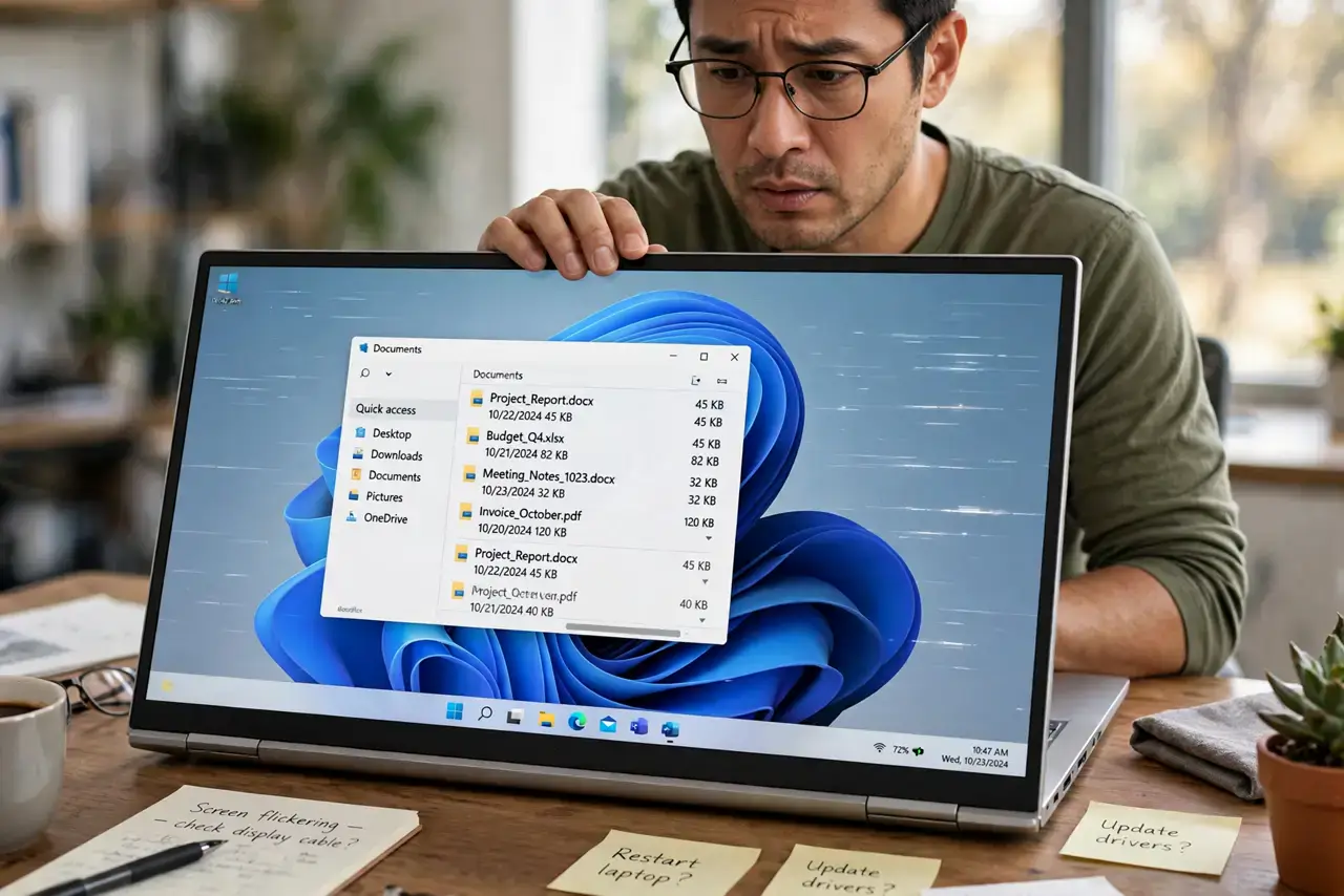 Laptop Screen Flickers When Moved — a concerned adult at a desk slowly tilting a real laptop screen while watching it flicker, the screen showing