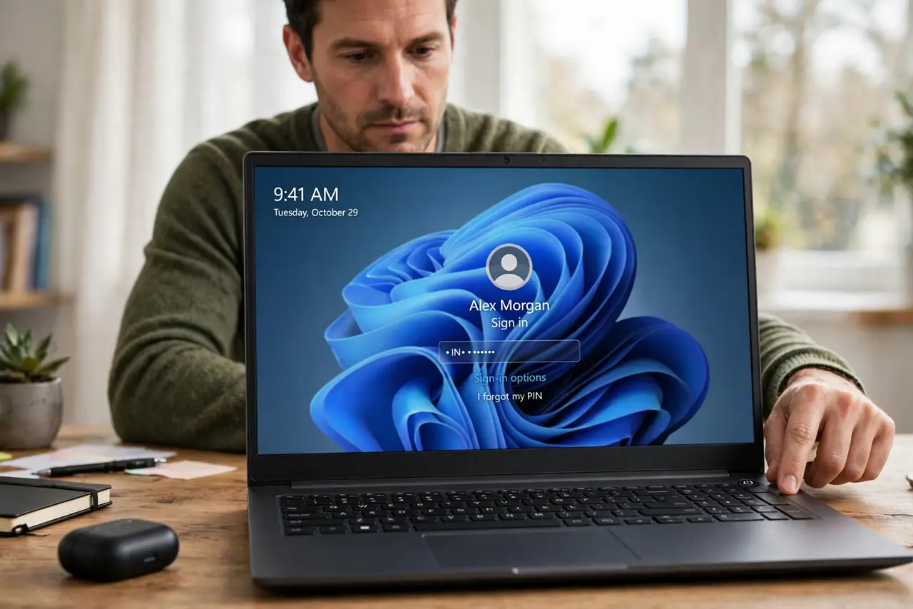 A calm man pressing the laptop power button once and waiting for the screen to wake.