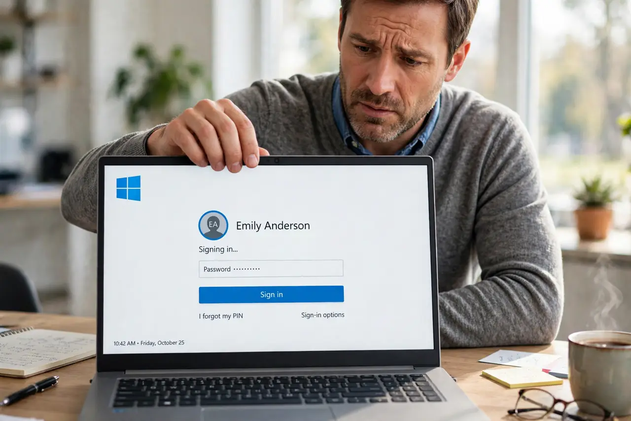 A concerned man opening a Windows laptop whose screen is waking to the sign-in screen.